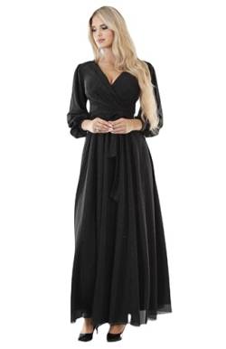 lavin & ezo Glam V-Ausschnitt Langarm-Abendkleid – 152 cm Länge, glitzerndes Tüll-Abendkleid für tägliche und besondere Anlässe, Stoff hergestellt in Südkorea, Elegante Falten- und | 38 - M - schwarz von lavin & ezo