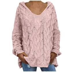 Oversize Sweater Damen Strickpullover Frauen Sexy Pullover Kapuze Langarm Shirt V-Ausschnitt Casual T-Shirt von lbert