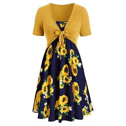 lbert Sommerkleid Damen Sonnenblumen-Druck Knielang Kleider Kurzärmliges Minikleid mit Schleifenknoten und Bandage Vintage Kleid Freizeitkleider von lbert