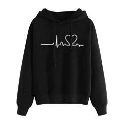 Damen Herbst Winter Hoodie Sweatshirt Unisex Herzschlag Hoodie Elektrokardiogramm Drucken Pullover Tops Langarm Lose Einfach Cool Stil Pullover Gr. XXL, Schwarz von lcybem