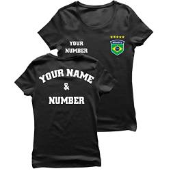 lepni.me Damen Brasilien Fußball T-Shirt mit Ihrem Namen und Nummer | Brasilianische Flagge Abzeichen Personalisierte Trikot Weltmeisterschaft 2022 (XL Schwarz Mehrfarben) von lepni.me