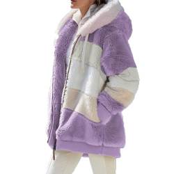 leprix Lammwolle Gepolsterter Mantel, Kontrastierender Lammwolle Gepolsterter Mantel, Kunstpelz Flauschige Kapuzenjacke Mantel für Frauen, violett, 46 von leprix