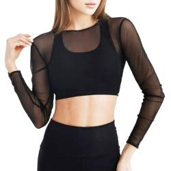 Damen Netz Oberteil Transparentes Shirt Sexy Damen Schwarz Langen Ärmeln T-Shirt Crop Tops Transparent Tüll Mesh Crop Tops Sheer Mesh Bluse (DE/NL/SE/PL, Alphanumerisch, L, Regular, Regular, Black) von letcdfer