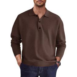 Herren Casual Knit Polo Shirt Classic Langarm Thermal Basic Button Down Golf Shirts, Braun, Mittel von lexiart