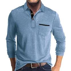 Herren-Polo-Shirt, Baumwolle, klassisch, langärmelig, Thermo-Knopfhemd mit Tasche, Blau, XL von lexiart