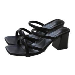 liaddkv Damen Sommer Solid Thick Heel Open Toe Square Head Cool Mop Schuhe Silber Damen Sneaker (Black, 38) von liaddkv