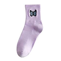 liaddkv Damensocken aus reiner Baumwolle, Mode-Schmetterling, bestickte Strümpfe, Sportsocken Wiesen Strümpfe (Purple, One Size) von liaddkv