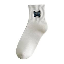 liaddkv Damensocken aus reiner Baumwolle, Mode-Schmetterling, bestickte Strümpfe, Sportsocken Wiesen Strümpfe (White, One Size) von liaddkv