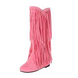 liaddkv Winter-Stiefel mit dickem Absatz und Fransen in Übergröße für Damen, innen Booster, mittellange Stiefel Elegante Schwarze Schuhe Damen (Pink, 41) von liaddkv