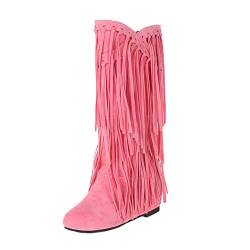 liaddkv Winter-Stiefel mit dickem Absatz und Fransen in Übergröße für Damen, innen Booster, mittellange Stiefel Elegante Schwarze Schuhe Damen (Pink, 42) von liaddkv