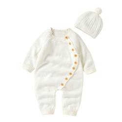 liangp Neugeborenes Kind Jungen feste gestrickte Pullover Baby Overall Strampler Baumwolle Mützen Hut Outfits Sets Kleidung Trainingsanzug Kinder Jungen 140 (Beige, 0-3 Months) von liangp