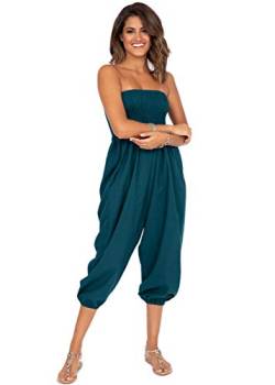 Jumpsuit Damen Sommer – vielseitiger 2-in-1-Einteiler aus Baumwolle – Overall wird durch Runterziehen zur Haremshose - mit 3/4 Bein, Taschen & elastischem Bündchen an Taille & Knöchel Grünblau Lang von likemary