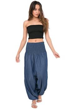 Jumpsuit Damen Sommer – vielseitiger 2-in-1-Einteiler aus Baumwolle – Overall wird durch Runterziehen zur Haremshose - mit 3/4 Bein, Taschen & elastischem Bündchen an Taille & Knöchel - Jeans Blau von likemary