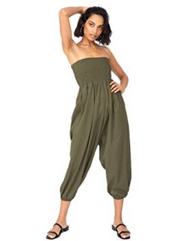 Jumpsuit Damen Sommer – vielseitiger 2-in-1-Einteiler aus Baumwolle – Overall wird durch Runterziehen zur Haremshose - mit 3/4 Bein, Taschen & elastischem Bündchen an Taille & Knöchel Khaki Grün von likemary