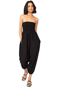 Jumpsuit Damen Sommer – vielseitiger 2-in-1-Einteiler aus Baumwolle – Overall wird durch Runterziehen zur Haremshose - mit 3/4 Bein, Taschen & elastischem Bündchen an Taille & Knöchel Schwarz von likemary