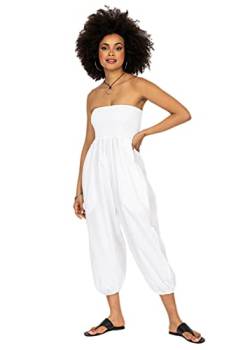 Jumpsuit Damen Sommer – vielseitiger 2-in-1-Einteiler aus Baumwolle – Overall wird durch Runterziehen zur Haremshose - mit 3/4 Bein, Taschen & elastischem Bündchen an Taille & Knöchel Weiß Lang von likemary