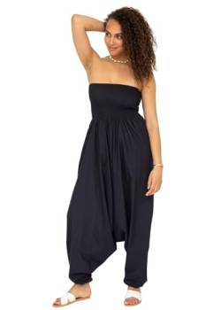 Jumpsuit Damen Sommer – vielseitiger 2-in-1-Einteiler aus Baumwolle – Overall wird durch Runterziehen zur Haremshose - mit Taschen & elastischem Bündchen an Taille und Knöchel - Blau Marineblau von likemary