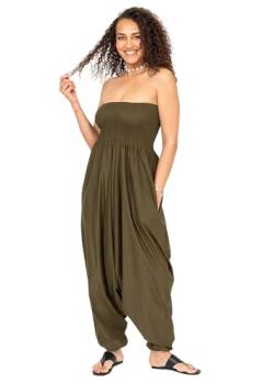 Jumpsuit Damen Sommer – vielseitiger 2-in-1-Einteiler aus Baumwolle – Overall wird durch Runterziehen zur Haremshose - mit Taschen & elastischem Bündchen an Taille und Knöchel - Grün Olivegrün von likemary