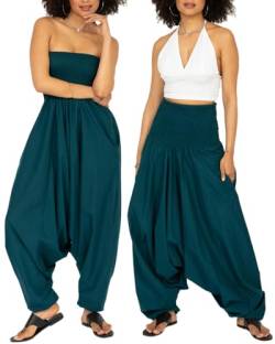 Jumpsuit Damen Sommer – vielseitiger 2-in-1-Einteiler aus Baumwolle – Overall wird durch Runterziehen zur Haremshose - mit langem Bein, Taschen & elastischem Bündchen an Taille und Knöchel Grün Blau von likemary