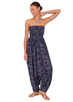 Jumpsuit Damen Sommer – vielseitiger Einteiler aus Baumwolle – wird durch Herunterziehen zur Haremshose – mit Taschen und elastischen Bündchen an Taille und Knöchel – Einheitsgröße Blau Blätter Druck von likemary