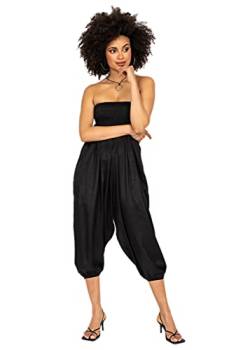 LIKEMARY Haremshose für Damen im SEIDEN-LOOK - 2-in-1 Jumpsuit: Pumphose, optional als Overall zu tragen - elegantes Design, locker geschnitten - luftiger Einteiler als leichtes Sommer-Outfit: ärmellos, schulterfrei - Schwarz von likemary