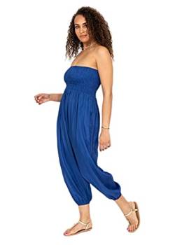 LIKEMARY Haremshose für Damen im SEIDEN-LOOK - 2-in-1 Jumpsuit: Pumphose, optional als Overall zu tragen - elegantes Design, locker geschnitten - luftiger Einteiler als leichtes Sommer-Outfit: ärmellos, schulterfrei - Kobalt Blau von likemary