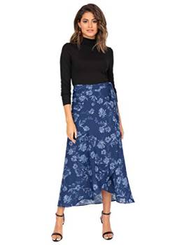 likemary Damen Maxi-Wickelrock - Langer Maxirock mit Blumenmuster - Leger & bequem - Hoher Verstellbarer Taillen-Bund - Ideales Kleid für Winter & Sommer, Strand, Urlaub & Party - Floral Blau ML von likemary