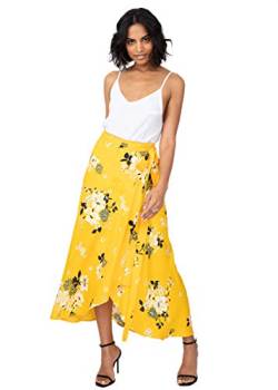 likemary Damen Maxi-Wickelrock - Langer Maxirock mit Blumenmuster - Leger & bequem - Hoher Verstellbarer Taillen-Bund - Ideales Kleid für Winter & Sommer, Strand, Urlaub & Party - Floral Gelb XL von likemary