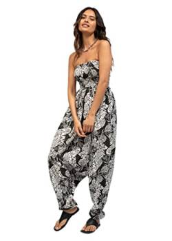 likemary Jumpsuit Damen Sommer – vielseitiger Einteiler aus Baumwolle – wird durch Herunterziehen zur Haremshose – mit Taschen und elastischen Bündchen an Taille und Knöchel – Einheitsgröße Schwarz von likemary