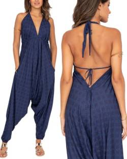 likemary Jumpsuit für Damen - Einteiler mit Nackenband - gemütlich, trotzdem schick und sexy - Onesie mit Taschen - Einheitsgröße, passt fast jeder - Ärmelloser Sommer Hosenanzug Blau Scheiben von likemary