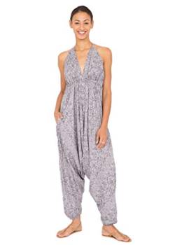 likemary Jumpsuit für Damen - Einteiler mit Nackenband - gemütlich, trotzdem schick und sexy - Onesie mit Taschen - Einheitsgröße, passt fast jeder - Ärmelloser Sommer Hosenanzug Grauer Druck von likemary