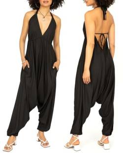 likemary Jumpsuit für Damen - Einteiler mit Nackenband - gemütlich, trotzdem schick und sexy - Onesie mit Taschen - Einheitsgröße, passt fast jeder - Ärmelloser Sommer Hosenanzug Schwarz von likemary