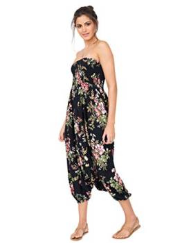 likemary extraweite Haremshose Damen, Einteiler aus Baumwolle - 2-in-1 Jumpsuit – Pumphose, optional als Overall zu tragen - luftiger Jumpsuit als leichtes - Pluderhose Schwarz Blumenstrauß S-XL von likemary