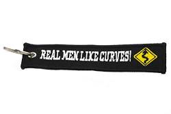 Real Men Like Curves! Beidseitig Besticktes Schlüsselband, Schlüsselanhänger in Gelb, Schwarz und Weiß für Biker, Motoradfans, Crossfahrer, Zweiradfreunde von lillybox