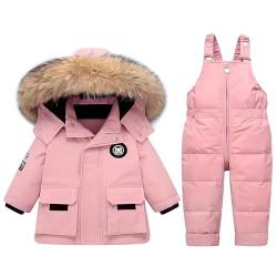 linboo Baby Schneeanzug mit Kapuze Daunenjacke + Daunenhose,Warme Skianzug für Kinder Jungen Mädchen Zweiteiliger Winteranzug Winddicht Wasserdicht Skijacke + Skihose, Rosa, 86 von linboo