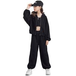 linboo Jogginganzug Mädchen Kleidung 3 Teilig Sportanzug (Sweatjacke+Sporthose+Crop Top) Hip Hop Outfit für Kinder Mädchen, Schwarz, 122-128 von linboo