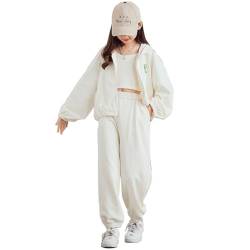 linboo Jogginganzug Mädchen Kleidung 3 Teilig Sportanzug (Sweatjacke+Sporthose+Crop Top) Hip Hop Outfit für Kinder Mädchen, Weiß, 146-152 von linboo