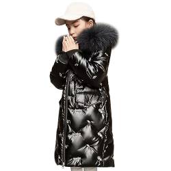 linboo Kinder Daunenjacke Mädchen Winterjacke mit Fellkapuze Mittellange Jacke Winter Warm Mantel Glänzend Dicke Steppjacke, Schwarz, 134-140 von linboo