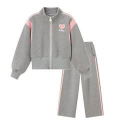 linboo Kinder Mädchen Sportkleidung 2tlg Jogginganzug Sweatjacke und Sporthose Kleidung Set Freizeitset Frühling Herbst, Grau, 146-152 von linboo