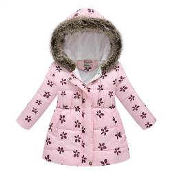 linboo Kinder Winterjacke Mädchen Wintermantel mit Kapuze Klassisch Fleece Mäntel mit Blumen Warme Parka Jacke Modische Outdoorjacke mit Bund, Rosa Blume, 122-128 von linboo