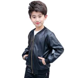 linboo Lederjacke Jungen Bikerjacke aus Kunstleder Jacke Kinder Kragen Motorrad Bomberjacke Frühjahr & Herbst übergangsjacke Mädchen, Schwarz, 98 von linboo