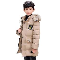 linboo Winterjacke Jungen Kinder Jacke mit Abnehmbare Fellkapuze Dicke Steppjacke Gefüttert Warme Parka Outdoor Winddicht Wintermantel, Kaki, 134-140 von linboo