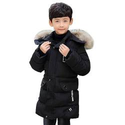 linboo Winterjacke Jungen Kinder Jacke mit Abnehmbare Fellkapuze Dicke Steppjacke Gefüttert Warme Parka Outdoor Winddicht Wintermantel, Schwarz, 146-152 von linboo