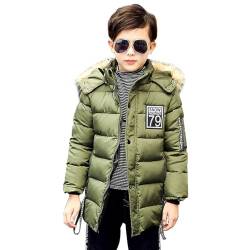 linboo Winterjacke Jungen Kinder Wintermantel mit Pelzkragen Kapuze Lange Jacke Parka Warm Mäntel Winddicht Winterparka, Grün, 128 von linboo