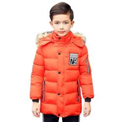 linboo Winterjacke Jungen Kinder Wintermantel mit Pelzkragen Kapuze Lange Jacke Parka Warm Mäntel Winddicht Winterparka, Orange, 128 von linboo