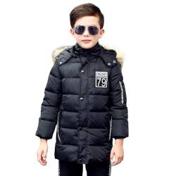 linboo Winterjacke Jungen Kinder Wintermantel mit Pelzkragen Kapuze Lange Jacke Parka Warm Mäntel Winddicht Winterparka, Schwarz, 116-122 von linboo