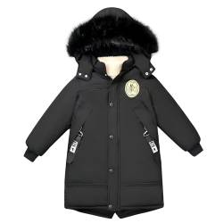 linboo Winterjacke Kinder Jungen Parka Jacke Warm Lang Mantel mit Pelzkragen Kapuze Modisch Wintermantel Dicke Outdoor Kapuzenjacke, Schwarz, 164 von linboo