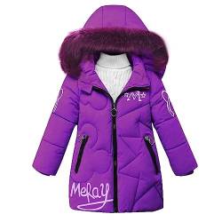 linboo Winterjacke Mädchen Wintermantel mit Abnehmbarer Fellkapuze Warme Lang Mantel Kinder Parka Outdoor Jacke mit Buchstaben und niedliche Muster, Lila, 128 (Label: XL) von linboo