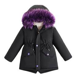 linboo Winterjacke Mädchen Winterparka Gefüttert Warme Jacke Kinder Wintermantel Outdoor Winddich Parka mit Fellkapuze, Schwarz, 116-122 von linboo