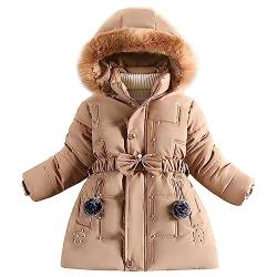 linboo Wintermantel Mädchen Winterjacke Kinder Warm Fleece Mäntel Verdickte Baumwolle Gefütterte Jacke Klassische Parka mit Nieten, Gürtel, Bögen, Khaki, 110-116 von linboo